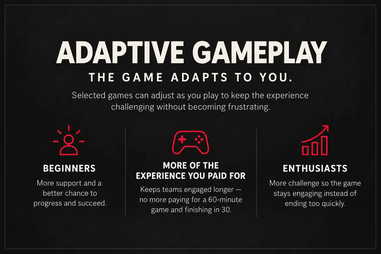 Adaptive gameplay: selected games adjust as you play, supporting beginners through enthusiasts.