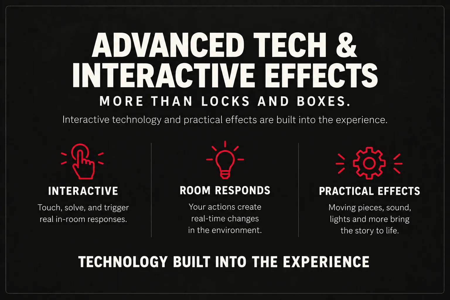 Advanced tech and interactive effects: interactive triggers, real-time room responses and practical effects.