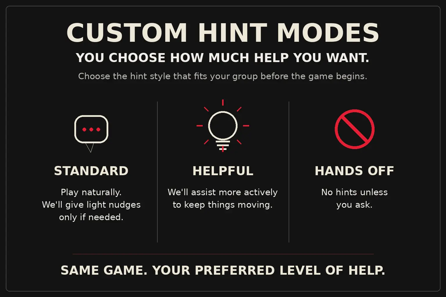 Custom hint modes: choose standard, helpful or hands-off hints before the game begins.