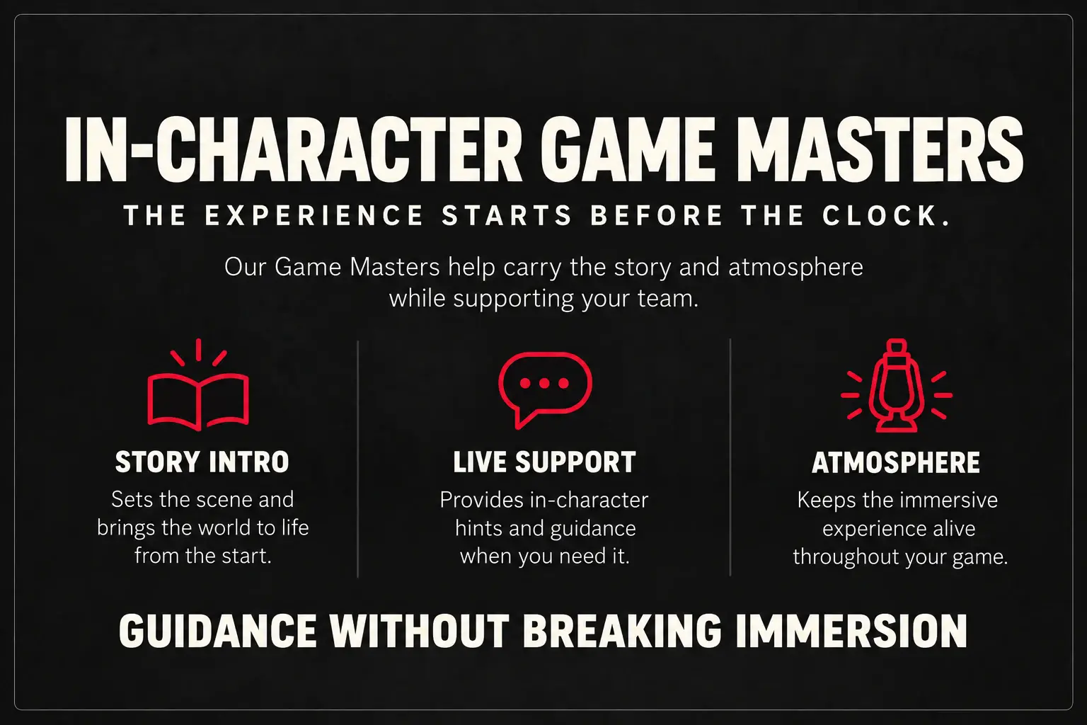 In-character Game Masters: story intro, live support and atmosphere throughout your game.